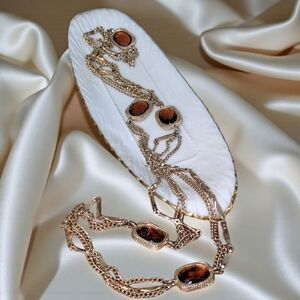 Vintage Multi-Layer Necklace with Bezel Amber Glass Gemstones on Lenox Dish